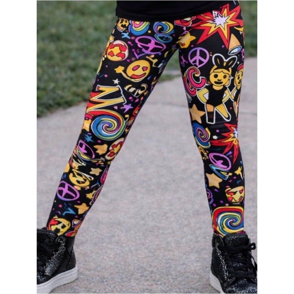 Youth Large Emoji Print Dance Leggings - Unworn Performance Tights w/ Size Chart